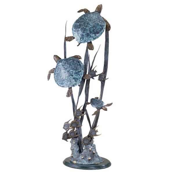 Sea Turtle Trio Seascape Fish High End Sculptures Statues Brass Marble